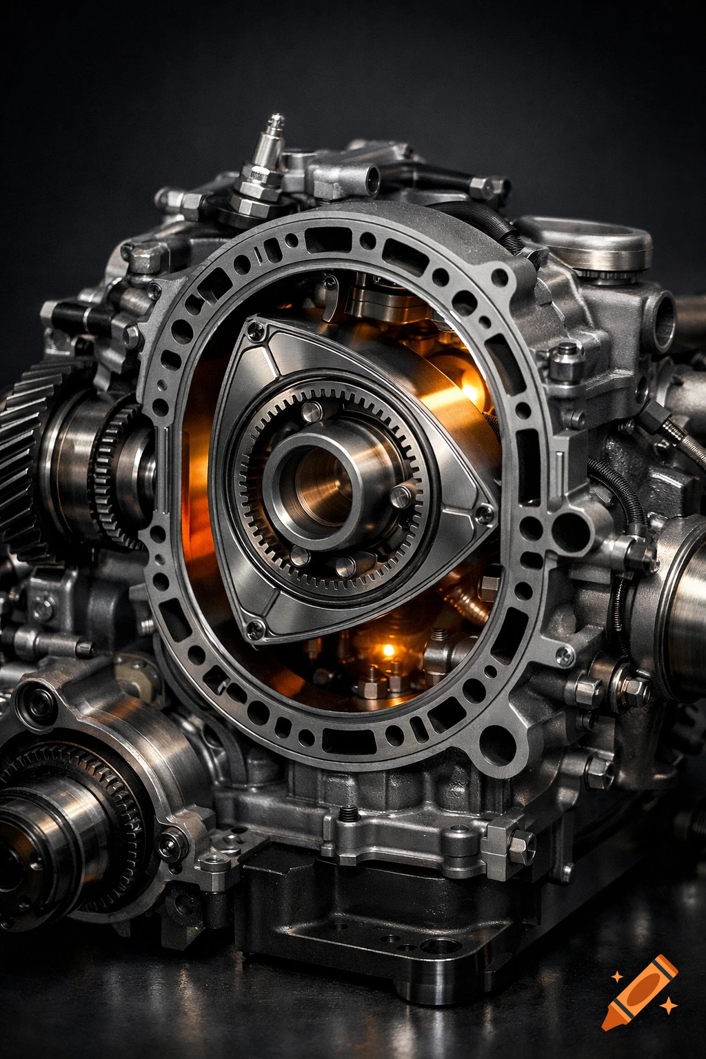 Close-up photorealistic cutaway view of a metallic rotary engine with internal glowing components.