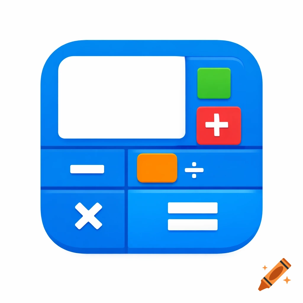 A blue square calculator app icon with a white screen and buttons for addition, subtraction, multiplication, division, and equals.