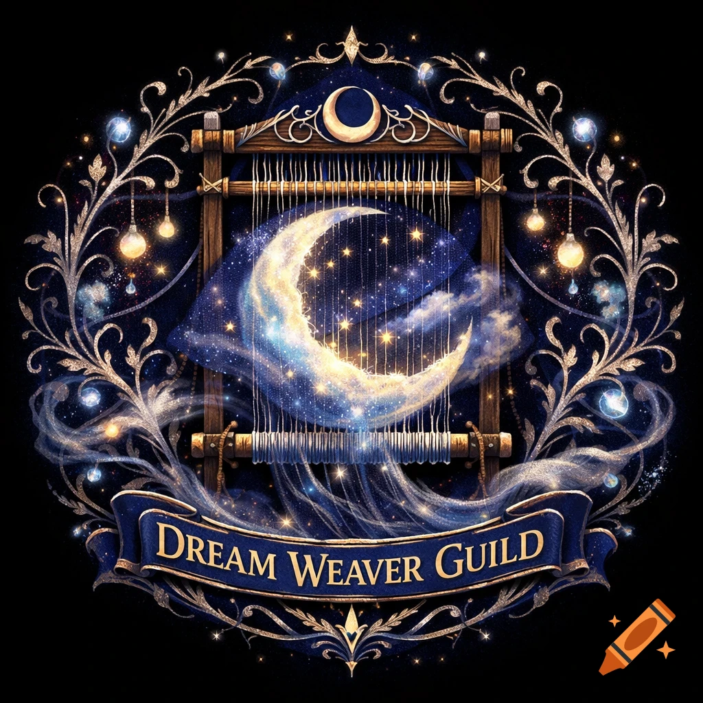 A circular fantasy logo featuring a celestial weaving loom with a crescent moon, stars, and a banner reading 'DREAM WEAVER GUILD'.