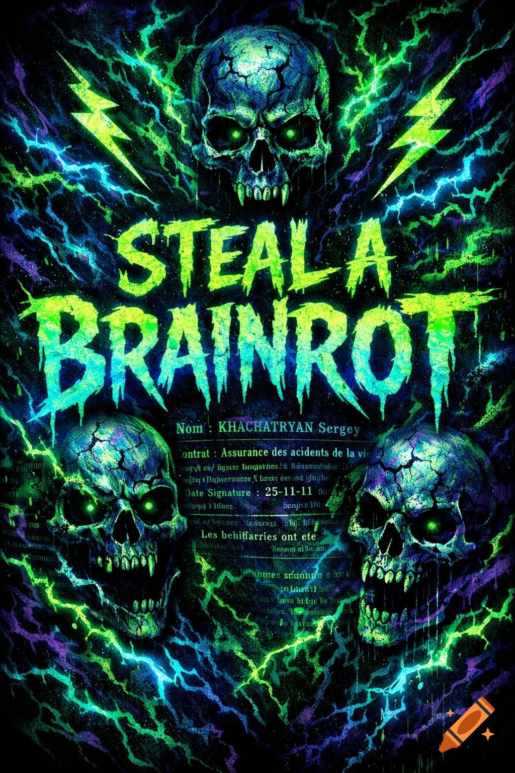 A dark, psychedelic poster with three cracked skulls, neon green and purple lightning, and glowing text 'STEAL A BRAINROT'.