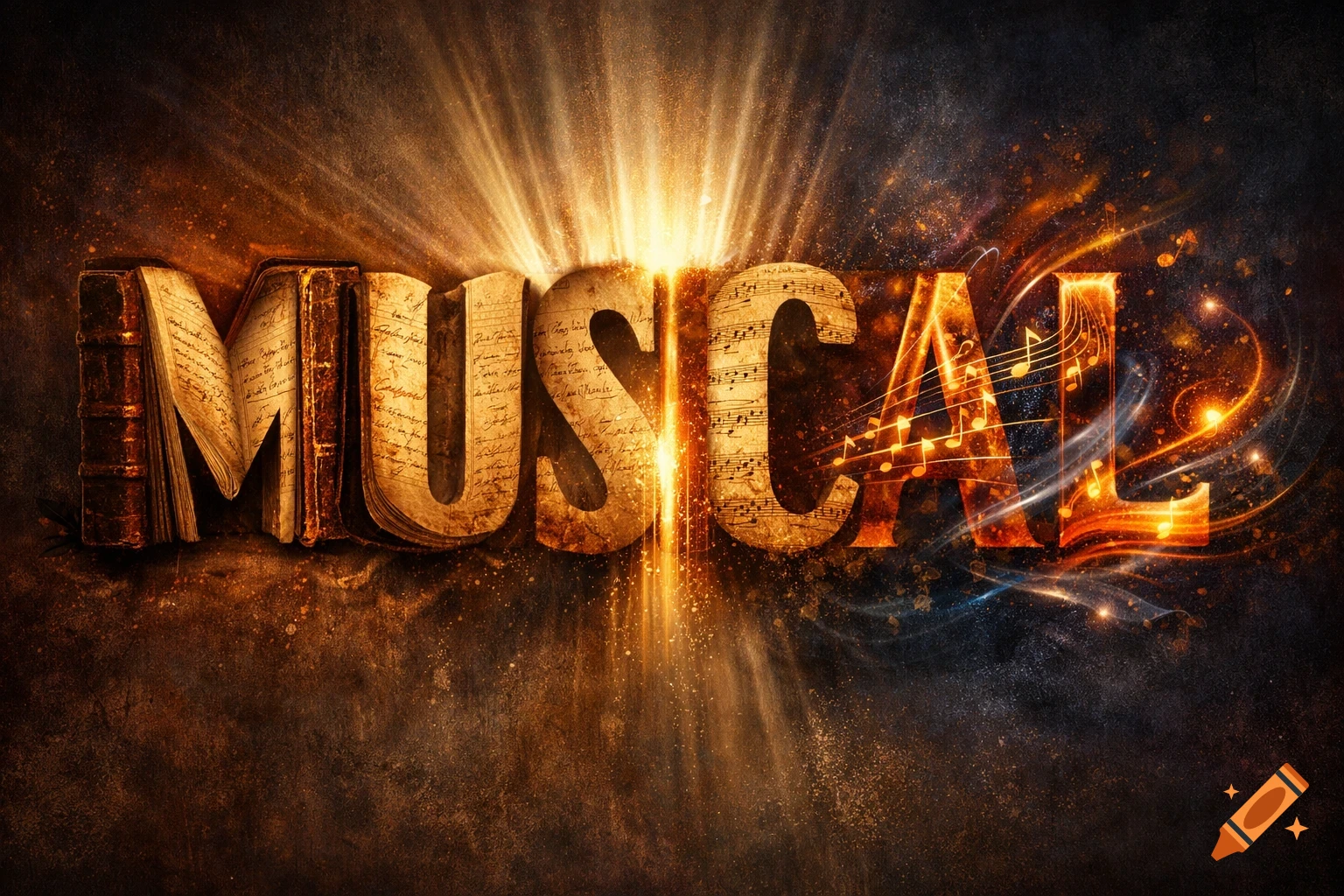 The word 'MUSICAL' depicted with glowing letters made from books and sheet music, against a dark, dramatic background.