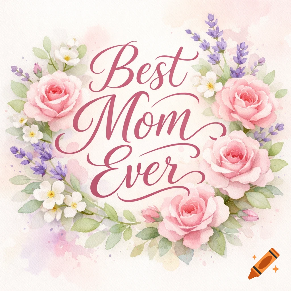 Watercolor floral wreath with pink roses, lavender, and white flowers, surrounding the script text 'Best Mom Ever'.