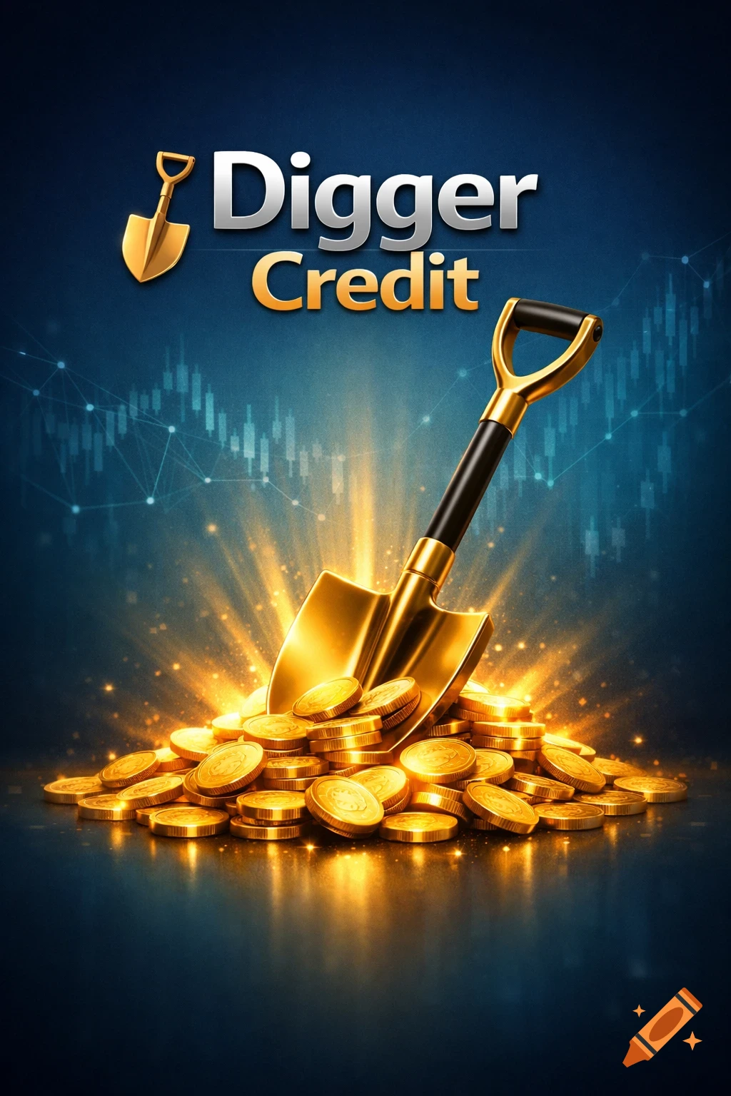 A golden shovel in a pile of shining gold coins, with the text "Digger Credit" above, against a dark blue background with a financial chart. The shovel and coins emit golden light.