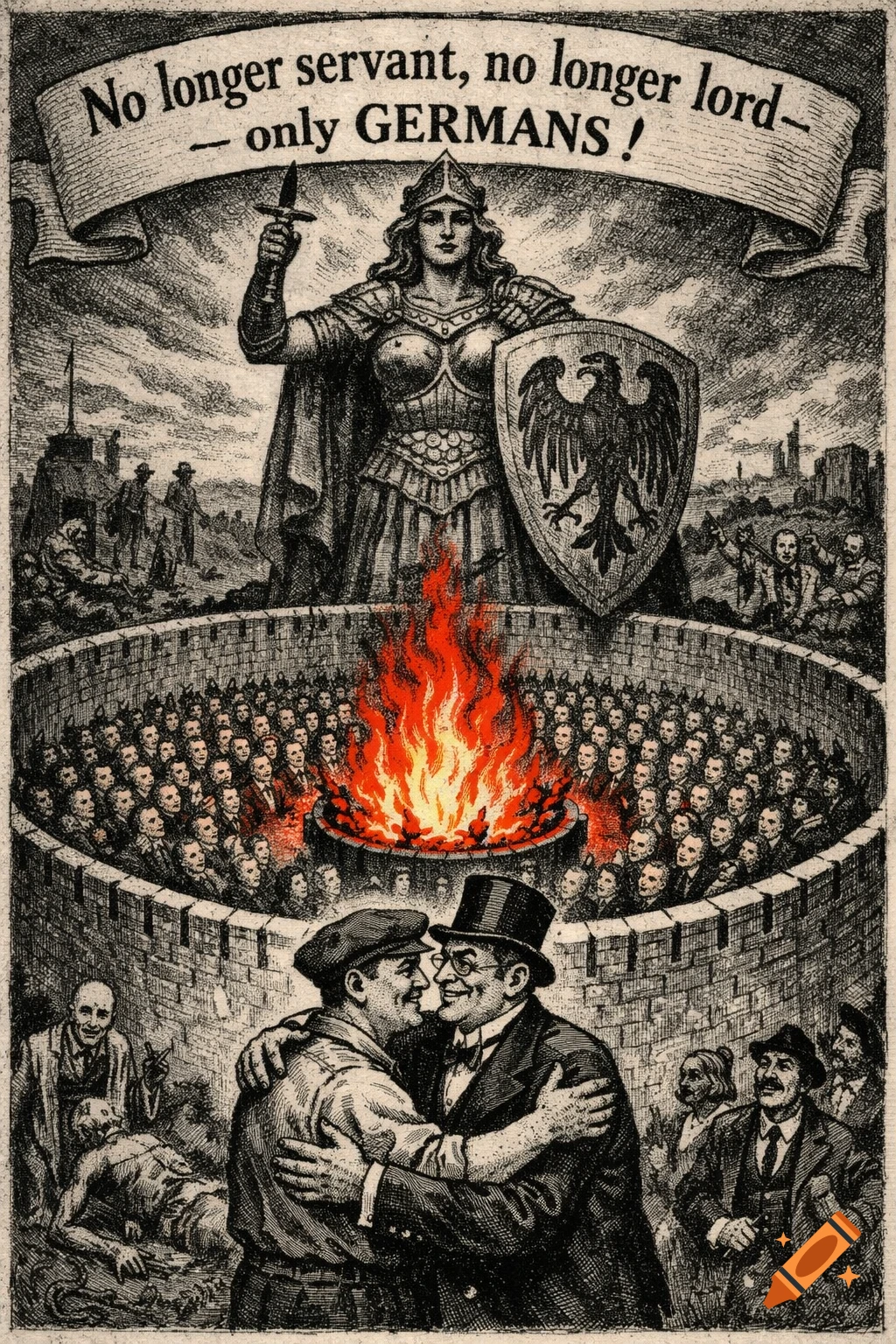 Vintage-style political cartoon with a Germania-like figure overseeing a crowd around a bonfire. A banner reads "No longer servant, no longer lord - only GERMANS!"