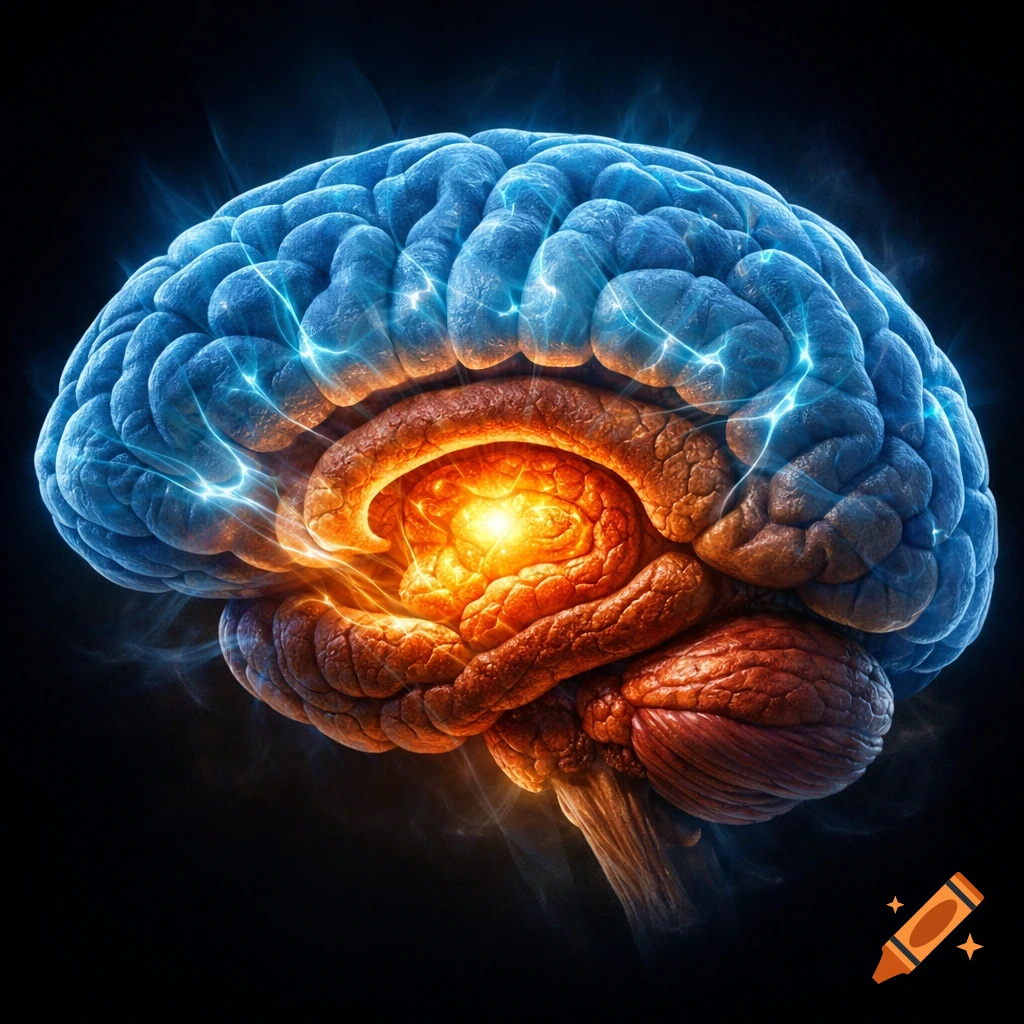 A stylized human brain against a dark background, glowing with blue neural pathways and a bright orange, active core.