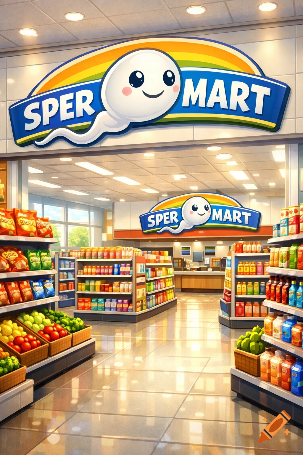 Cartoon supermarket interior with a cute sperm character as the 'Sper Mart' logo over the entrance and in the background.
