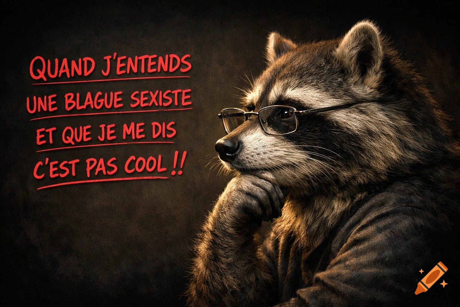 A thoughtful raccoon wearing glasses, with French text about sexist jokes.