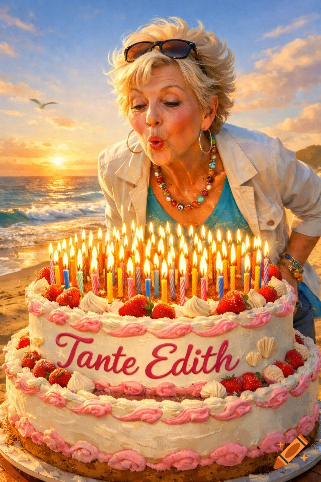 An older woman blows out numerous candles on a large birthday cake with "Tante Edith" written on it, at a photorealistic beach sunset.