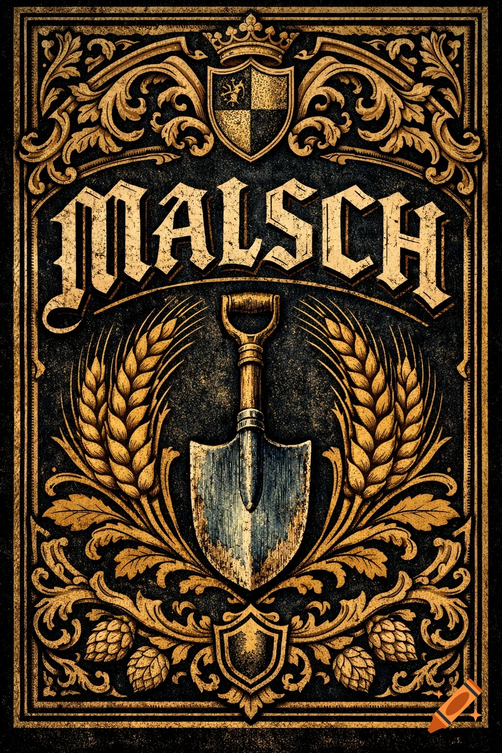Vintage German-style beer label featuring the word MALSCH, a shovel, wheat, and ornate gold filigree on a dark background.