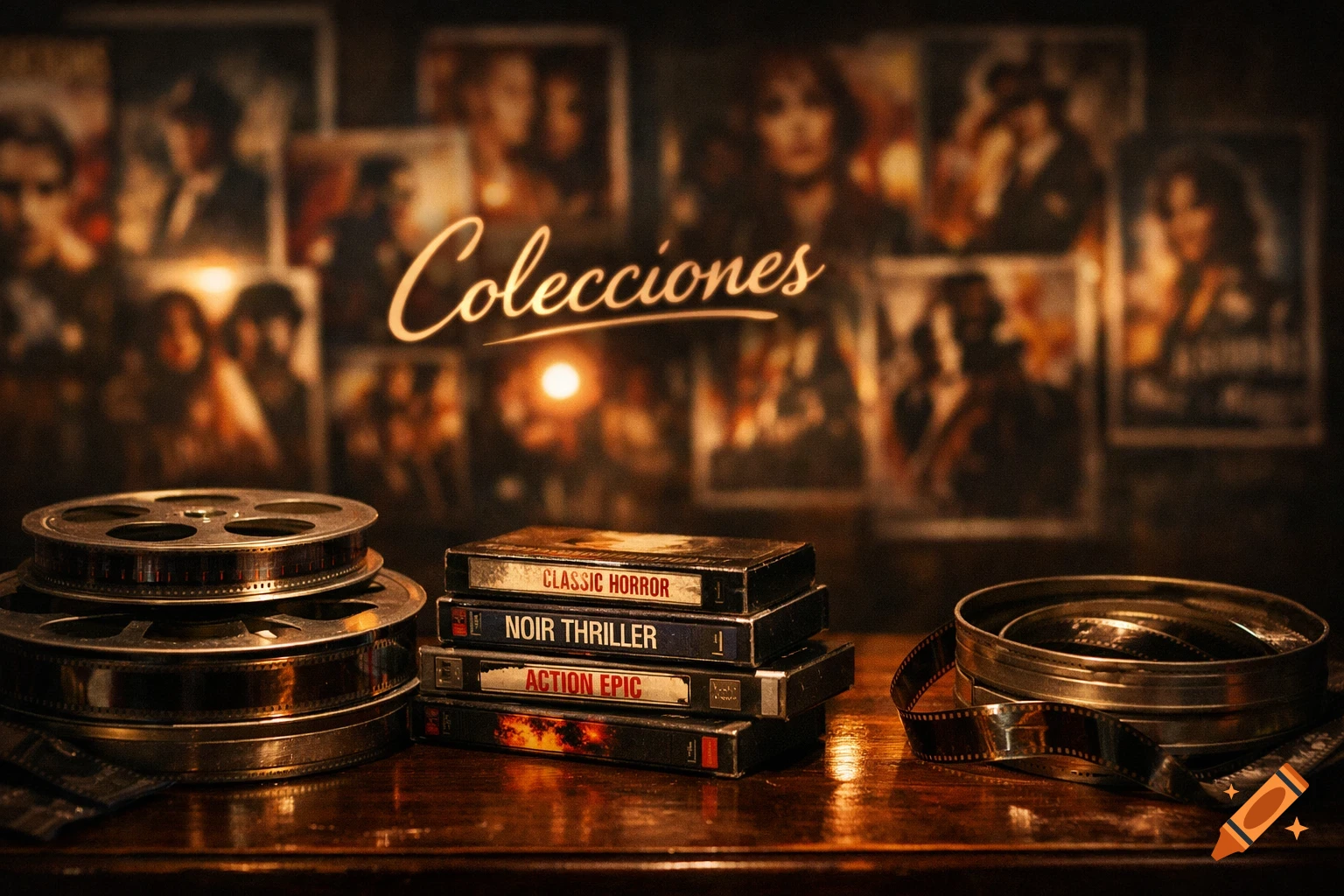 Still life of old film reels and movie cases on a dark wooden table, with blurred movie posters and 'Colecciones' text.