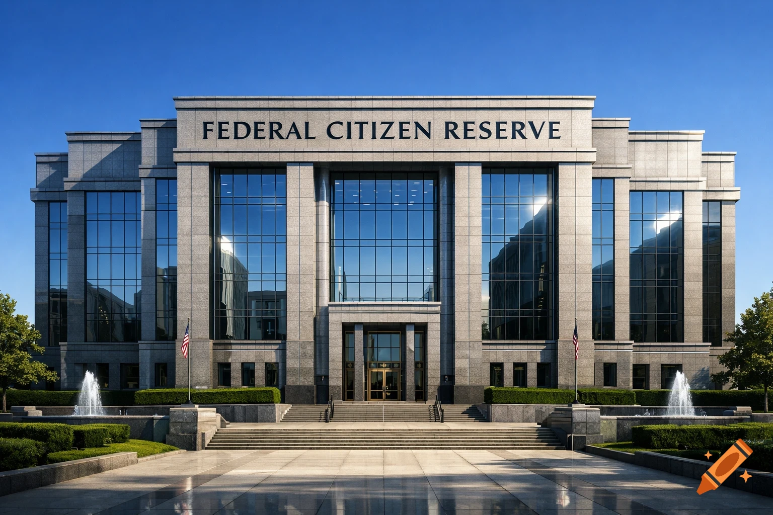 A grand, modern building with 'Federal Citizen Reserve' text, fountains, and manicured landscaping under a clear blue sky.