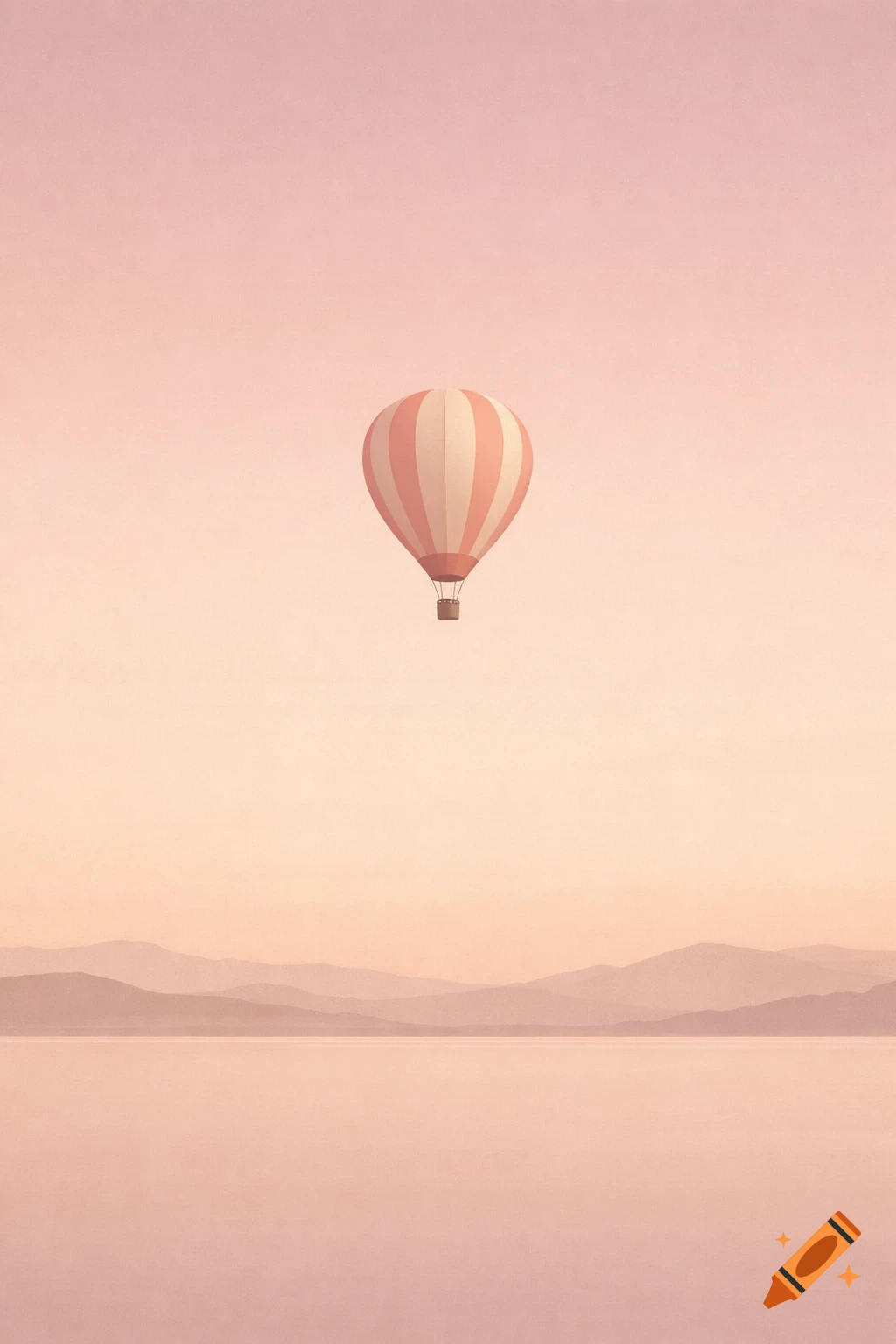 A pink and white striped hot air balloon floats over a serene lake with misty mountains under a pastel pink sky.