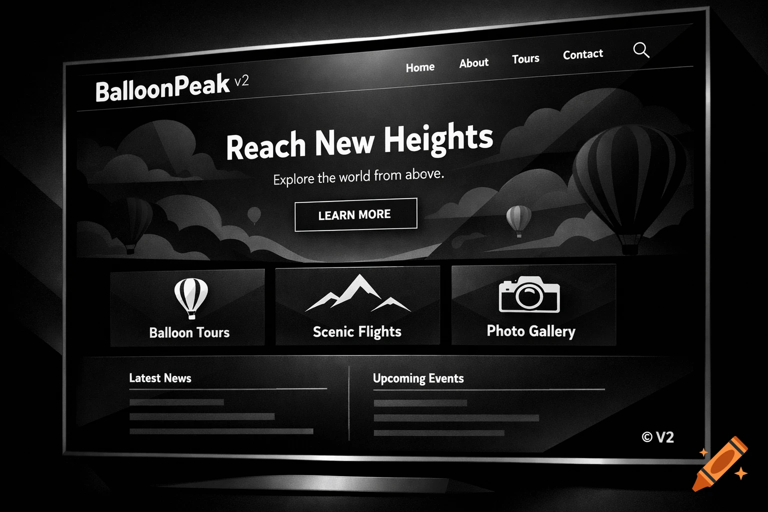 Monochrome website interface for BalloonPeak v2 on a screen, featuring hot air balloons and mountain icons.