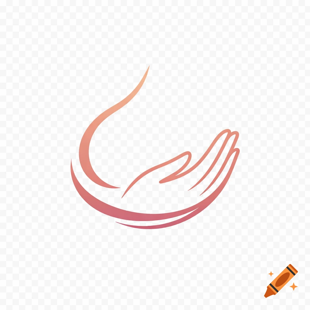 A minimalist logo with abstract lines forming a cupped hand and a fluid shape, in warm peach and pink gradients.