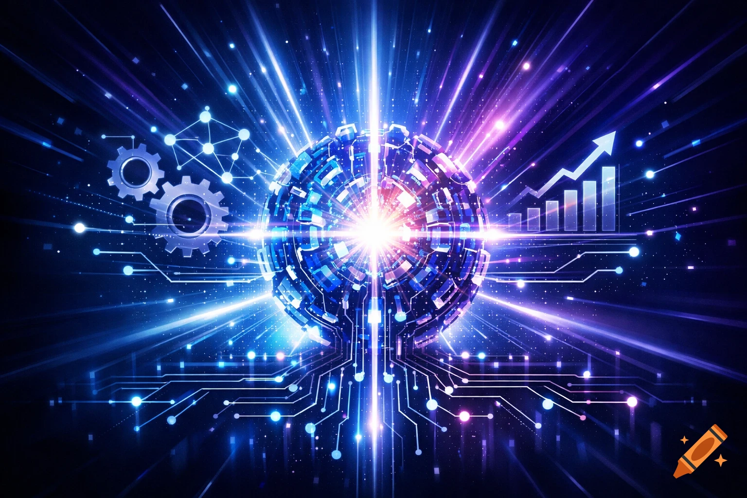 A vibrant, glowing blue and purple abstract digital sphere with circuit patterns, gears, and a growing bar chart, symbolizing AI and technology.