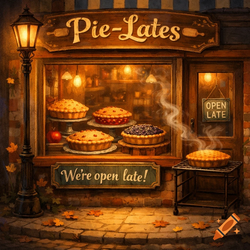 A cozy pie shop 'Pie-Lates' at night, with glowing window displays of pies, a steaming hot pie outside, and autumn leaves on the ground.