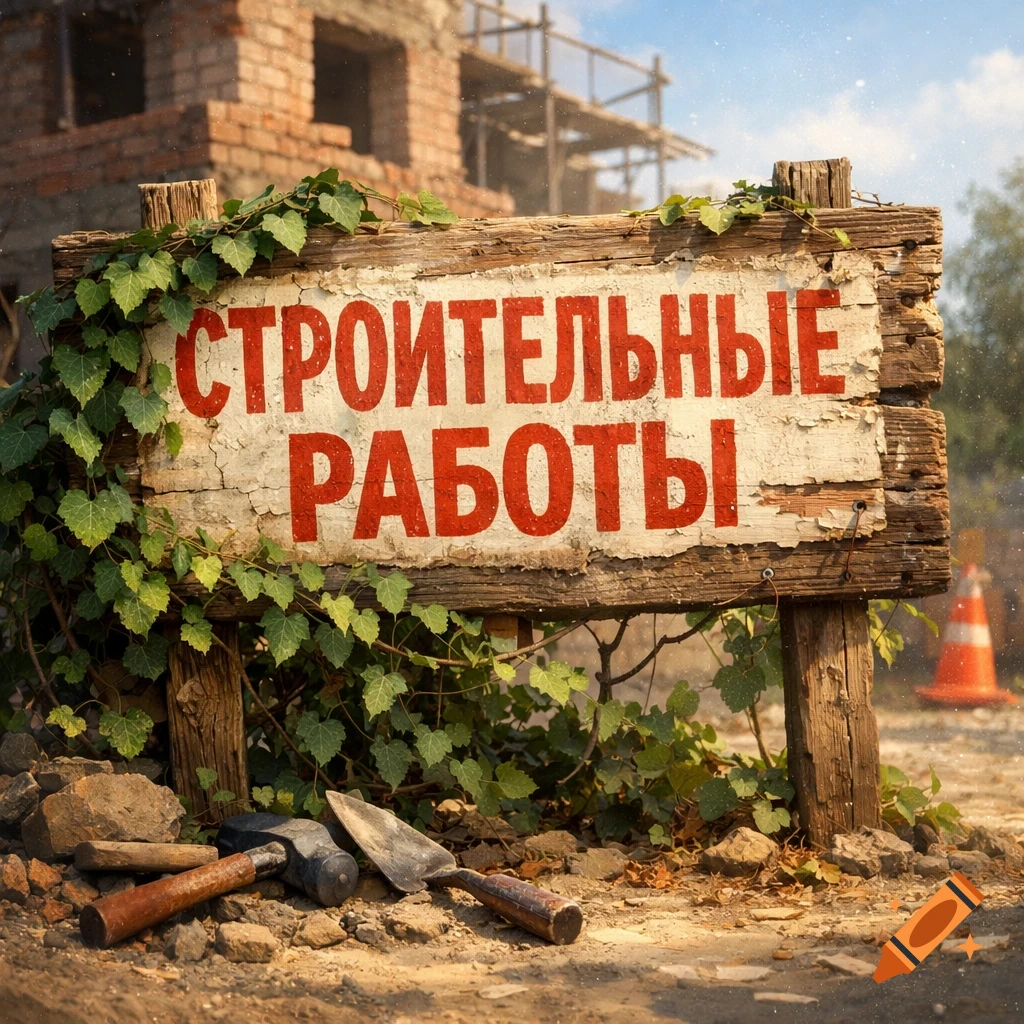 A weathered wooden sign with red text 'СТРОИТЕЛЬНЫЕ РАБОТЫ' (Construction Work) at a construction site, surrounded by ivy and tools on the ground.
