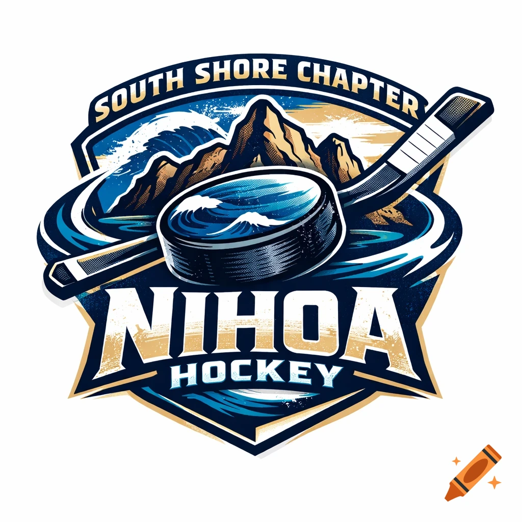 A stylized logo for South Shore Chapter NIHOA Hockey with mountains, ocean waves, a hockey puck, and a stick in blue, gold, and white.