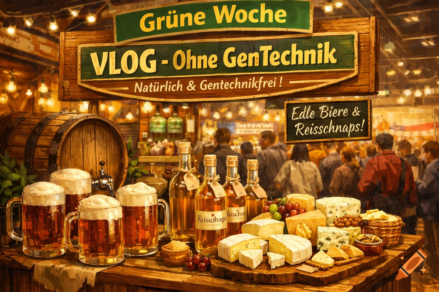 An illuminated food stand at a market, featuring large mugs of beer, bottles of spirits labeled 'Reisschnaps', and various cheeses. Signs advertise 'Grüne Woche' and 'VLOG - Ohne GenTechnik'. People are visible in the background.
