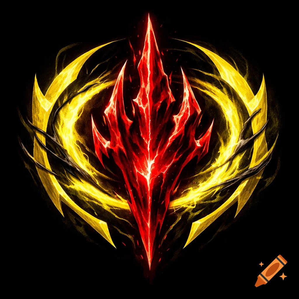 A fiery red spiky crystal symbol encased by a glowing yellow broken ring against a black background.