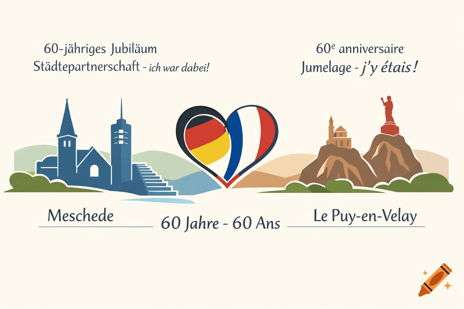 Minimalist illustration of Meschede and Le Puy-en-Velay landmarks with a heart made of German and French flags, celebrating 60 years of partnership.