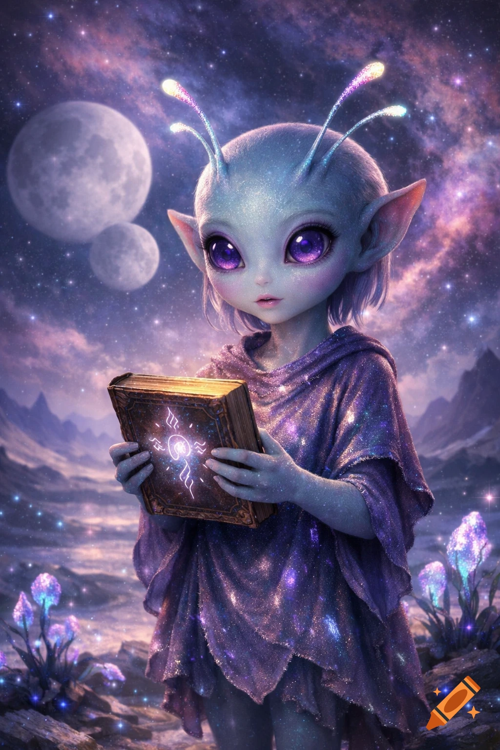 A cute blue-skinned alien with large purple eyes and glowing antennae holds an ancient book on a cosmic alien planet.