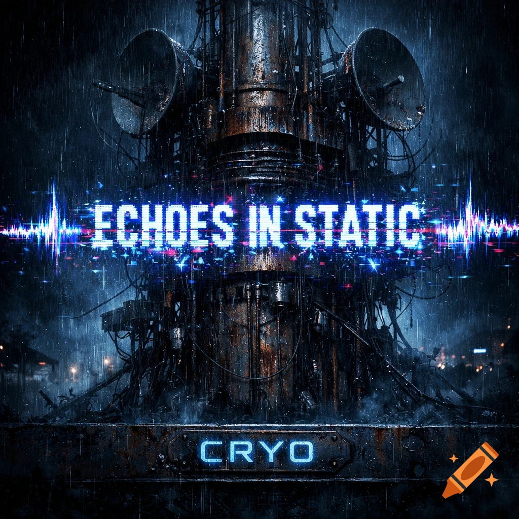 Dark cyberpunk album cover with a decaying industrial antenna in the rain. Glowing, glitching text reads "ECHOES IN STATIC" and "CRYO".