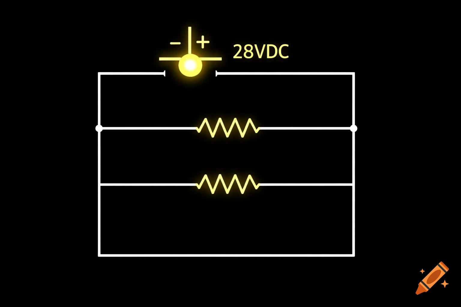 A glowing yellow electrical circuit diagram with a 28VDC power source and two resistors on a black background.