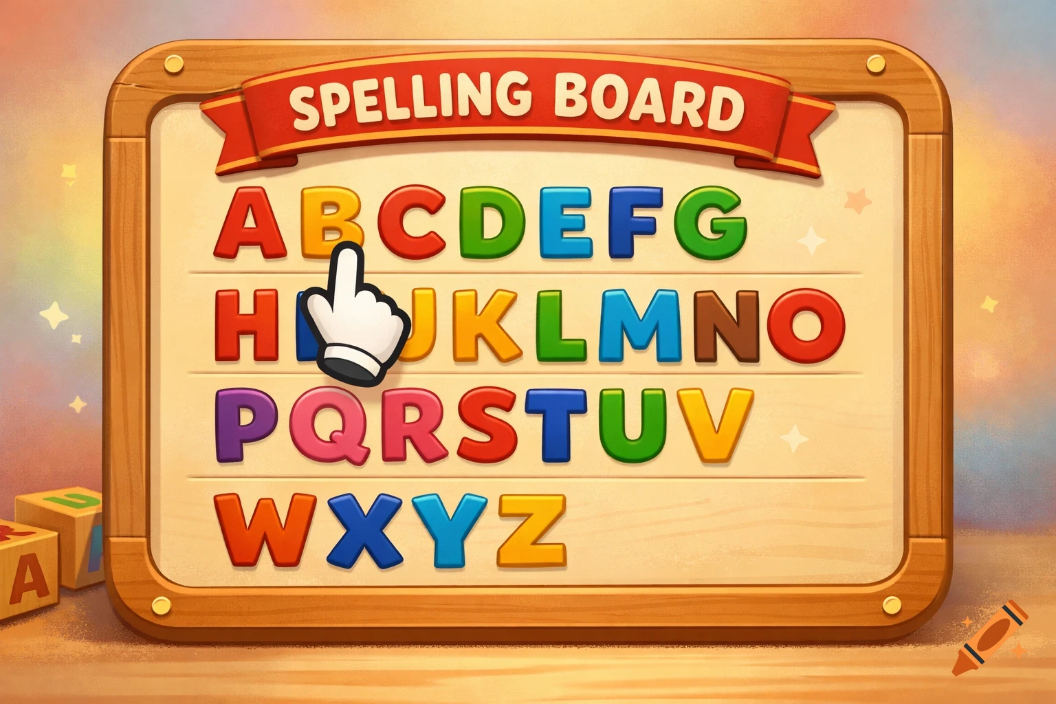Cartoon spelling board with colorful alphabet letters and a pointer, set against a warm background.