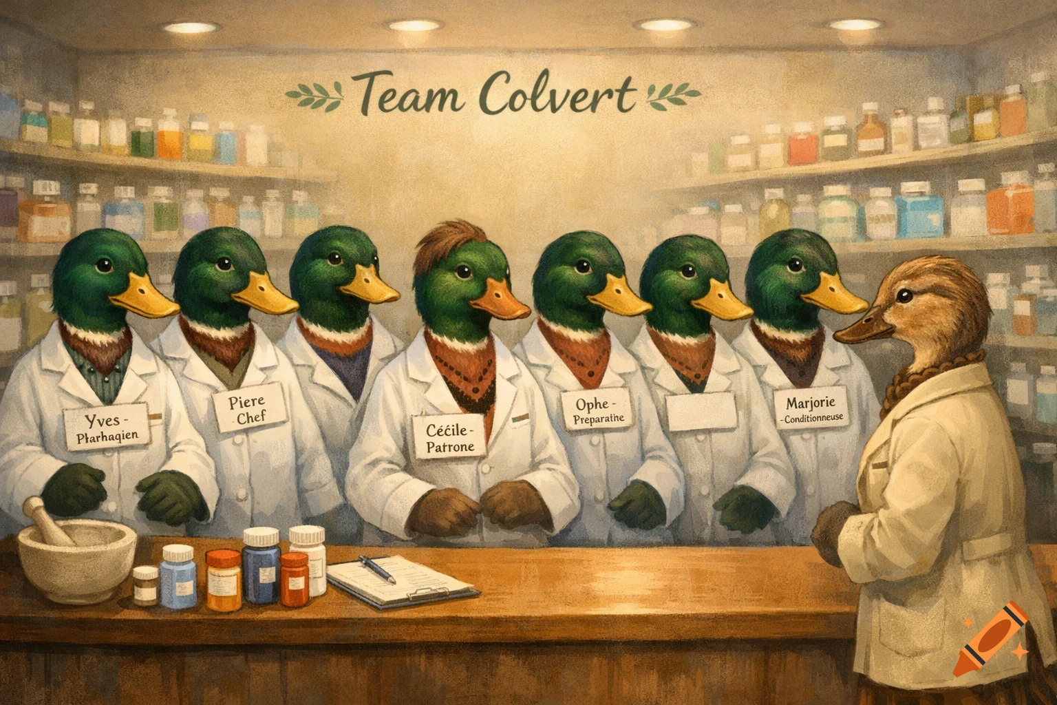 An illustration of eight mallard ducks and one brown duck in lab coats behind a pharmacy counter with medicines.