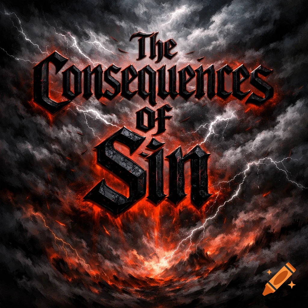 Dark, dramatic text art reading 'The Consequences of Sin' against a stormy sky with lightning and fiery red-orange clouds.