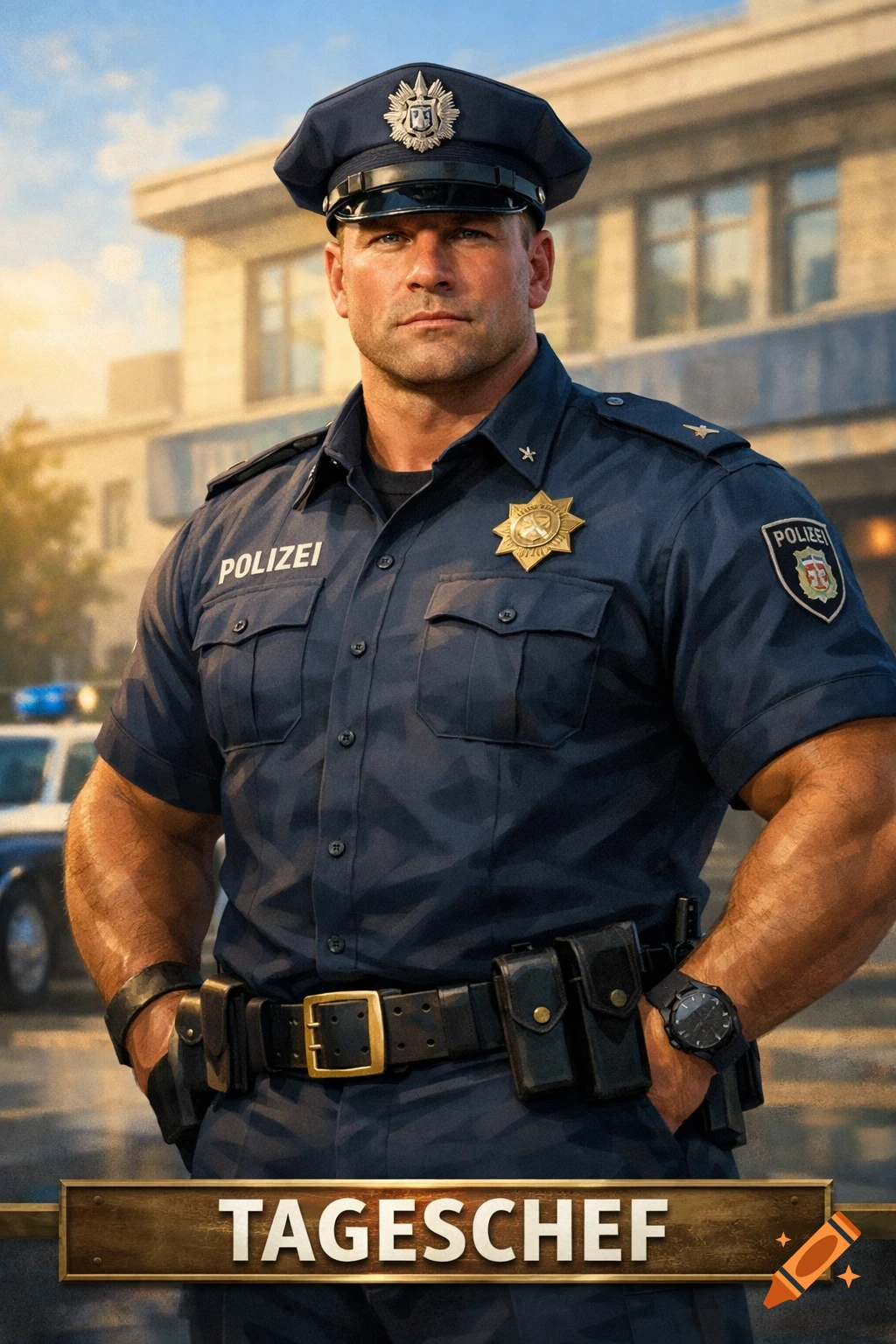 A muscled male police officer in a dark blue uniform and cap stands confidently, with a police car in the background and "TAGESCHEF" on a plaque at the bottom.