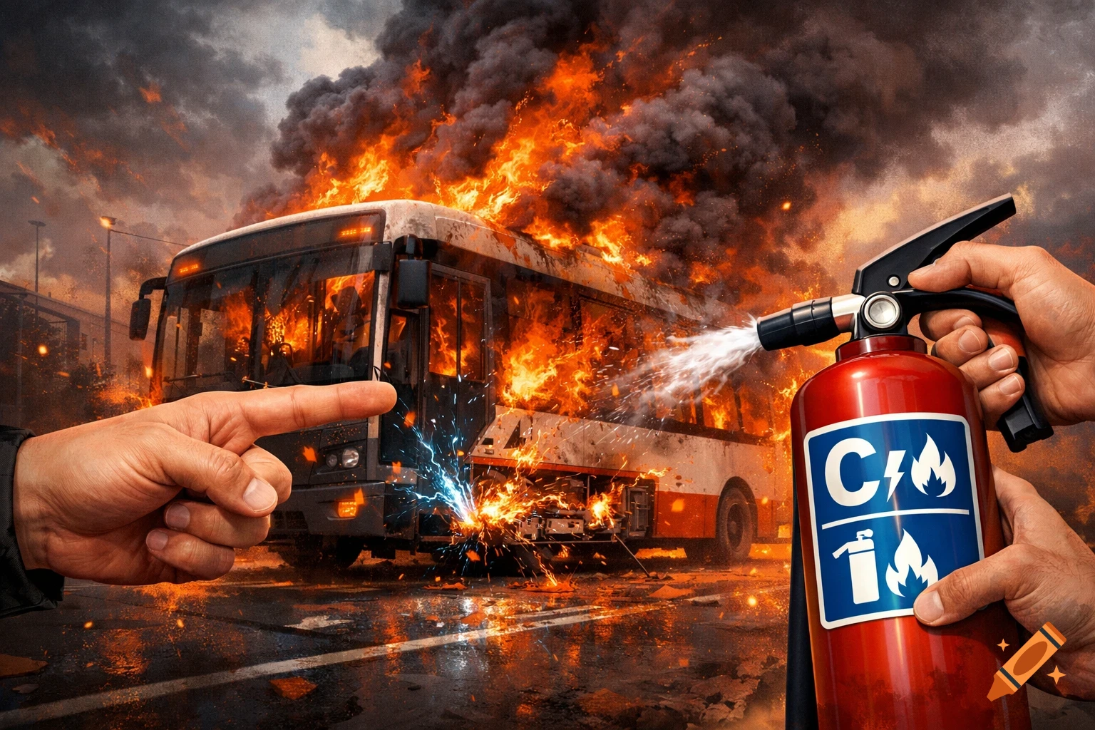 A close-up of a person's hand pointing at a large bus engulfed in flames and smoke, while another hand uses a red fire extinguisher to put out the fire. Sparks fly from the bus, and the street is wet.
