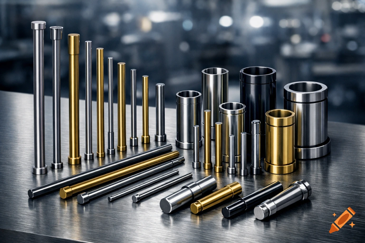 A collection of various silver, gold, and black metal industrial parts, including rods and cylindrical components, on a brushed metal surface.