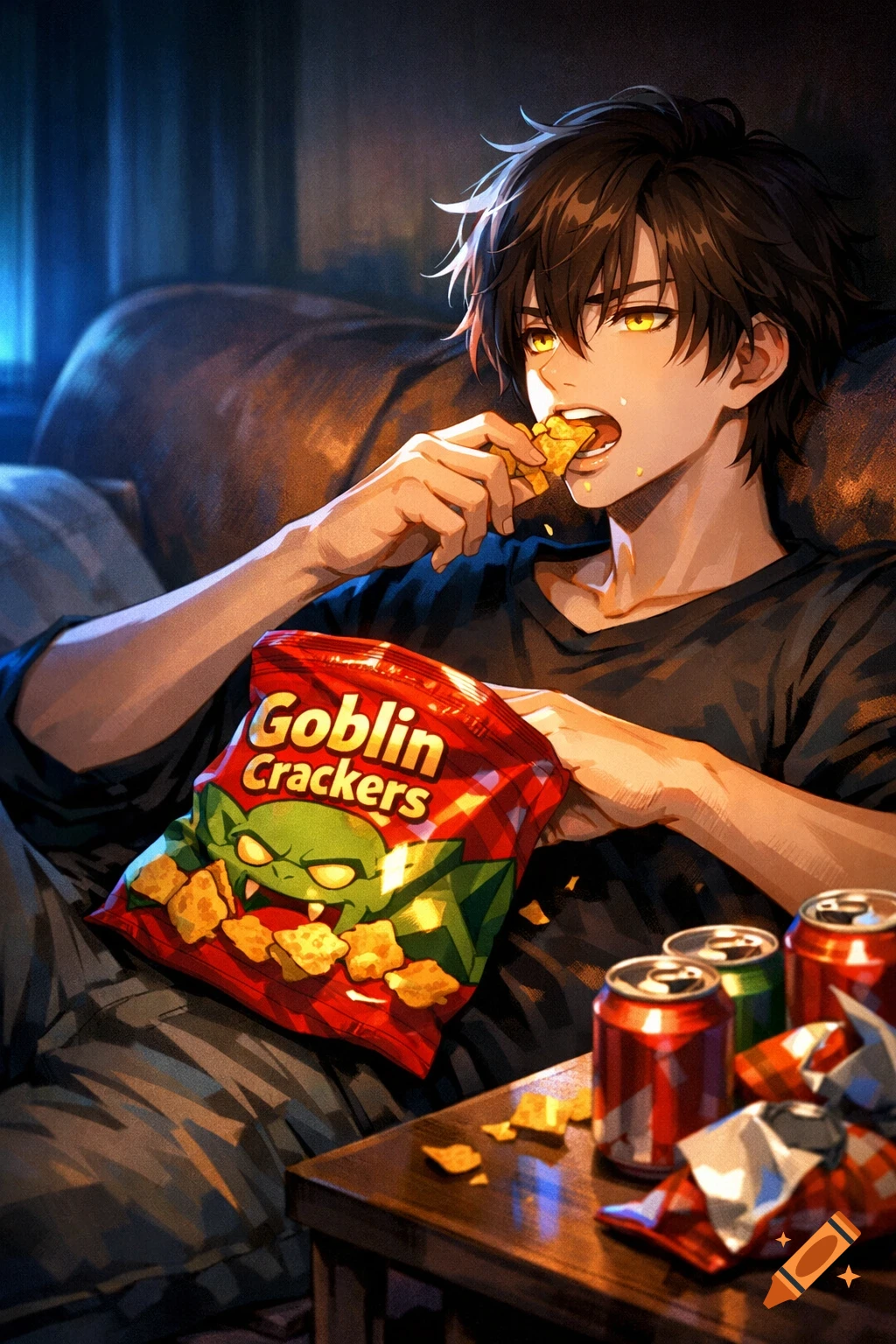An anime male with brown hair and yellow eyes sits on a couch, eating 'Goblin Crackers' from a bag with soda cans on a table.
