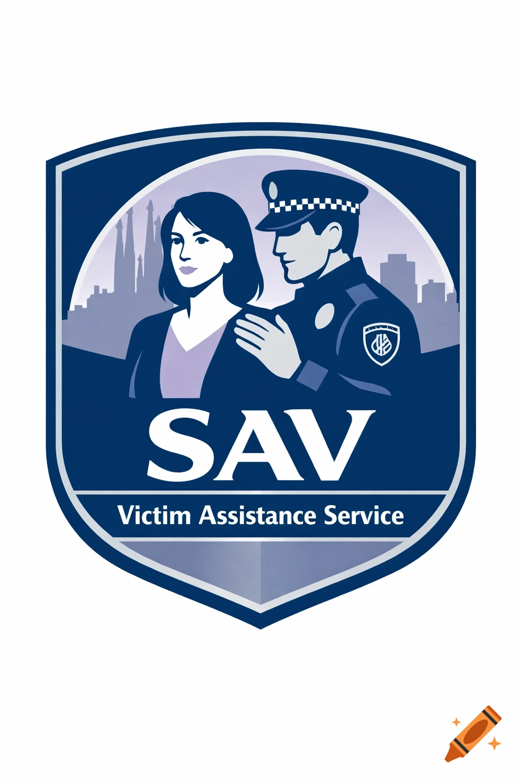 A blue shield logo featuring a woman and a police officer with a city skyline, text 'SAV Victim Assistance Service'.