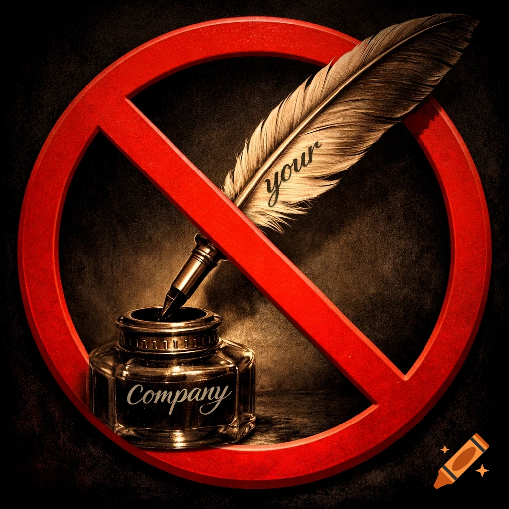 A quill pen with 'your' written on it dips into an ink jar labeled 'Company,' all within a red 'no' symbol.