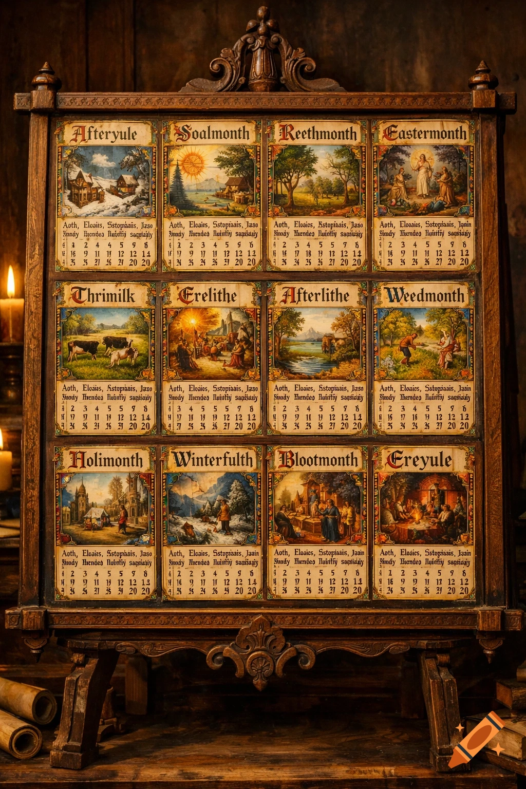 A richly detailed medieval-style wooden calendar displaying twelve months, each with a small seasonal painting and illegible text below, bathed in warm candlelight.