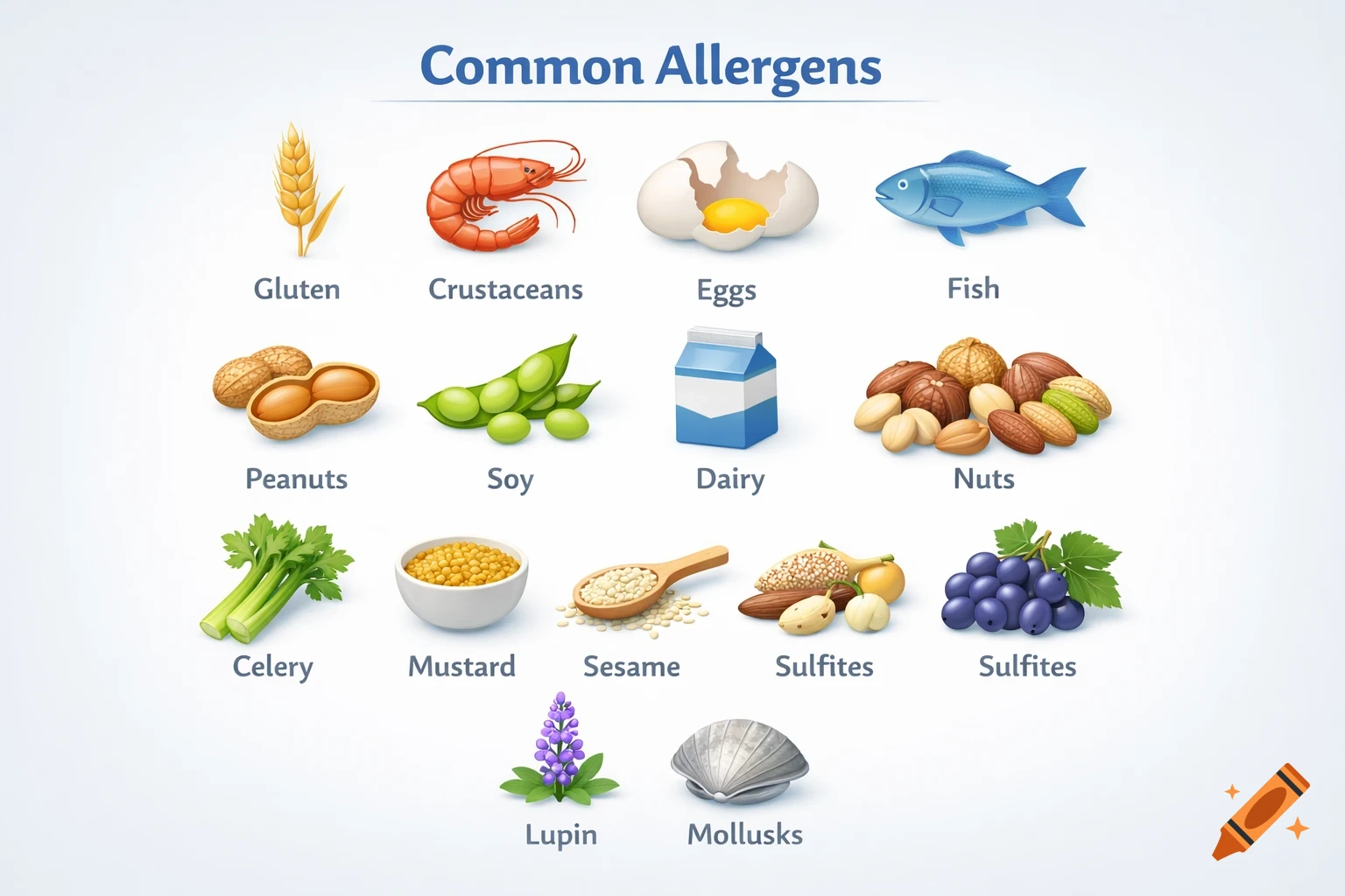 An infographic showing common allergens with icons and labels: Gluten, Crustaceans, Eggs, Fish, Peanuts, Soy, Dairy, Nuts, Celery, Mustard, Sesame, Sulfites, Lupin, Mollusks.