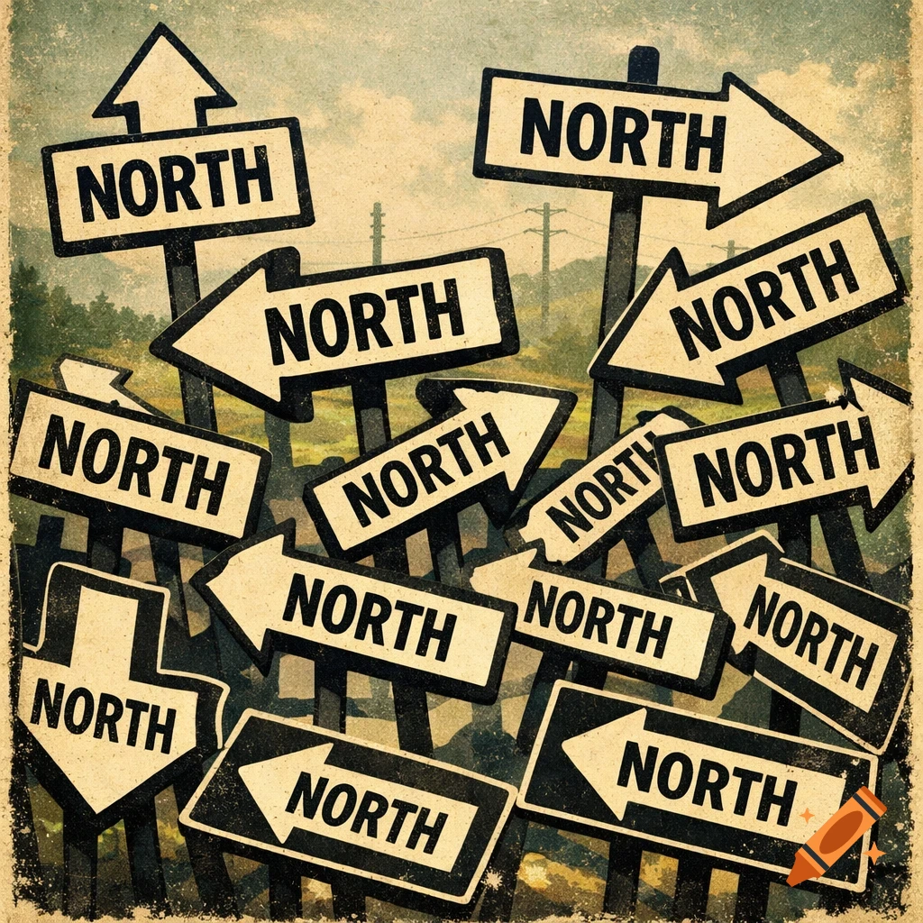 A vintage illustration of multiple road signs, all labeled 'NORTH', pointing in different directions.