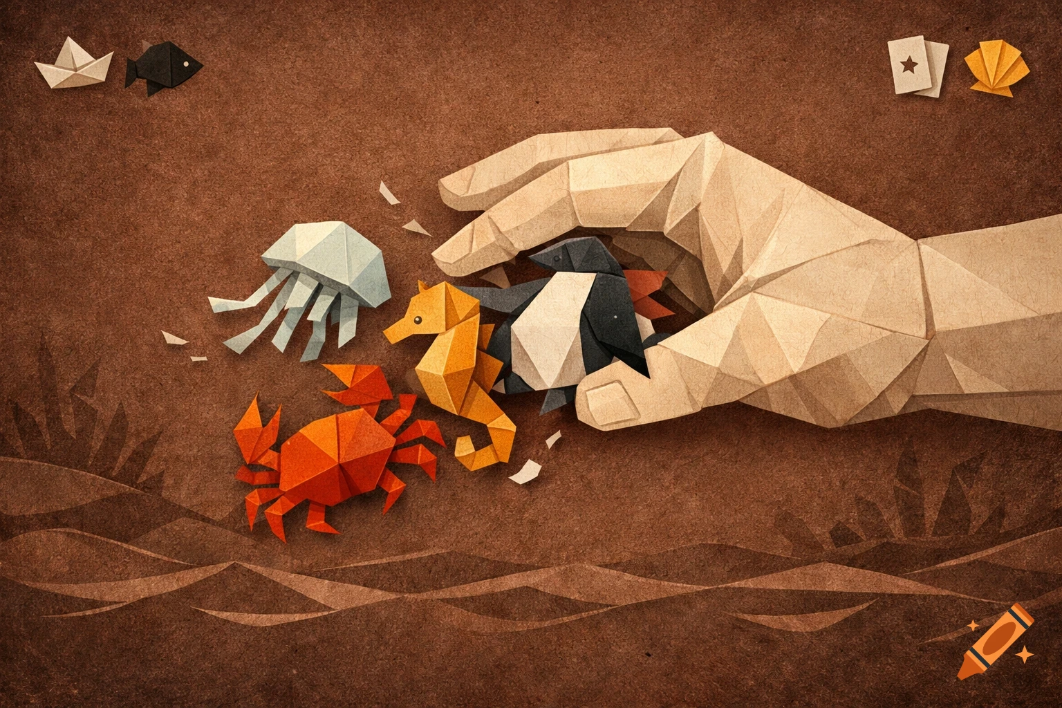 An origami-stylized hand restricts a seahorse and penguin, while a crab and jellyfish are on a textured brown background with game icons.