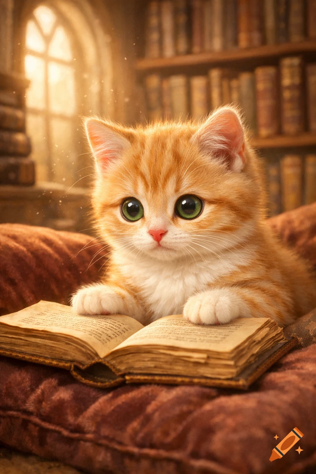 A cute orange tabby kitten with big green eyes lies on a cushion, paws ...