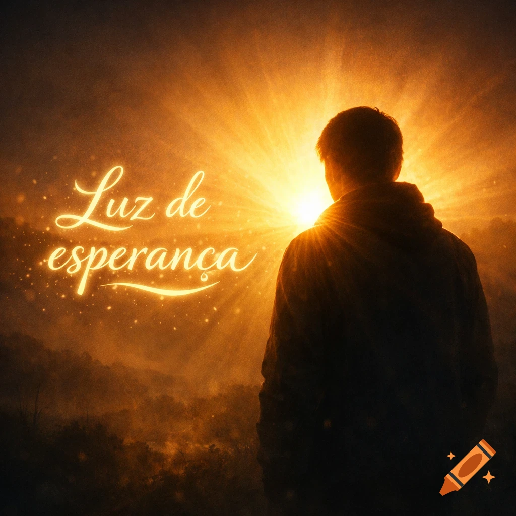 A silhouetted person faces a glowing golden sun over a misty landscape, with the glowing text 'Luz de esperança' floating beside them.