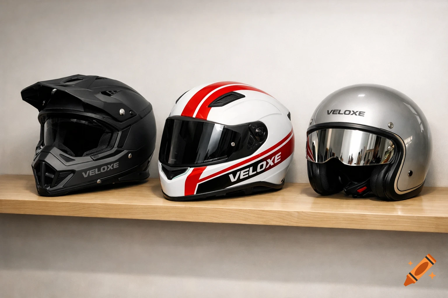 Three motorcycle helmets, black off-road, white racing, and silver open-face, displayed on a wooden shelf.