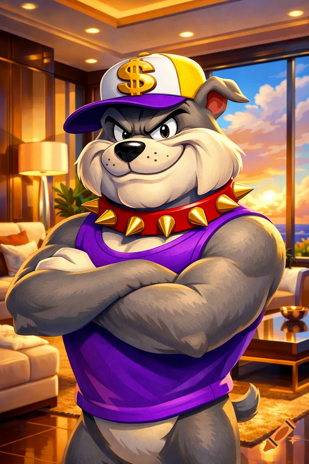 A cartoon dog with a proud expression, wearing a purple tank top, spiked collar, and cap with a dollar sign, stands in a luxury living room.