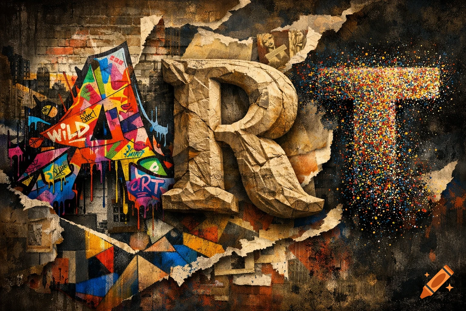 Stylized letters 'A', 'R', 'T' in a mixed media artwork, featuring graffiti, stone carving, and pointillism textures.
