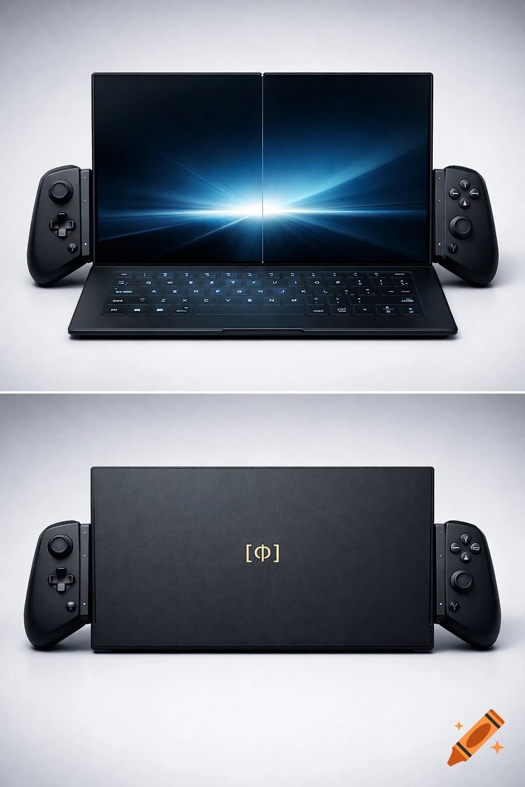 Futuristic black dual-screen laptop with attached gaming controllers, glowing keyboard, and a gold [Φ] logo on the back.