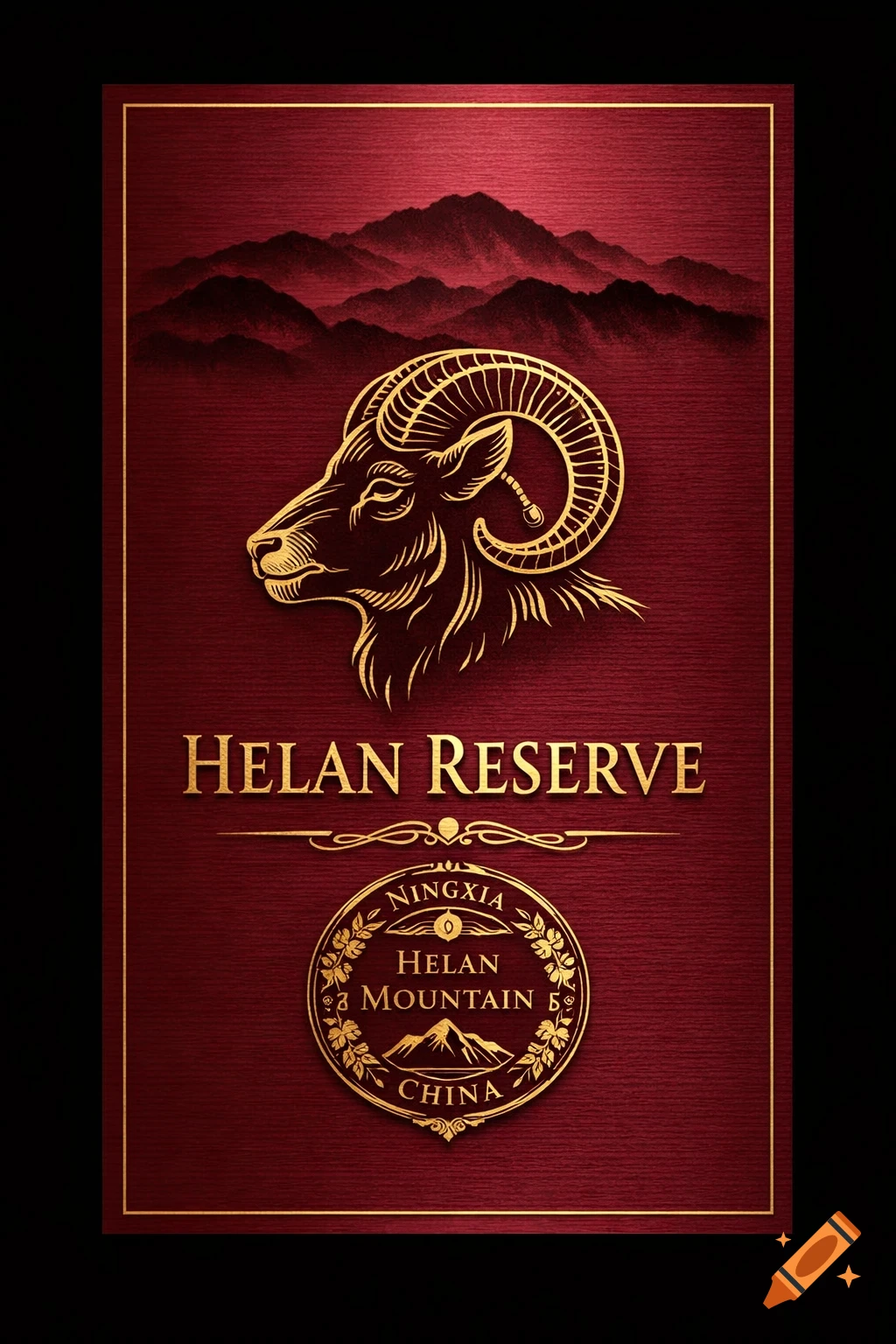 A luxurious wine label design featuring a golden ram head over red mountains, with text "HELAN RESERVE" and region details on a deep red background.