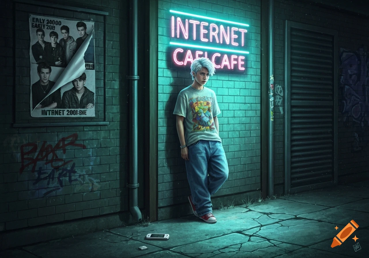 A person with white hair, wearing a graphic tee and baggy jeans, leans against a brick wall under a glowing neon "INTERNET CAFE" sign in a dimly lit urban alley with graffiti.
