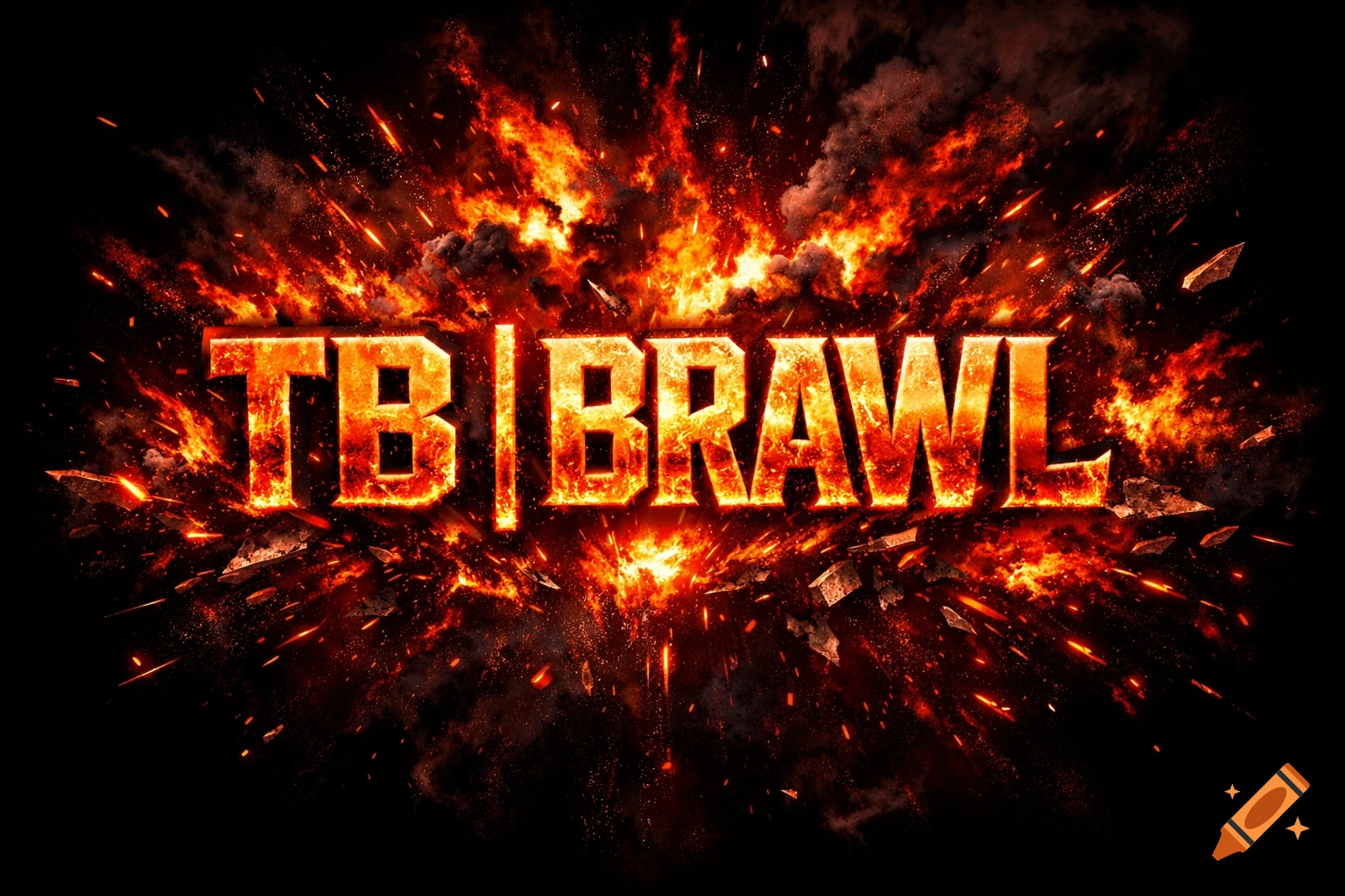 Bold, fiery 'TB | BRAWL' logo with an intense explosion of flames and sparks on a dark background.